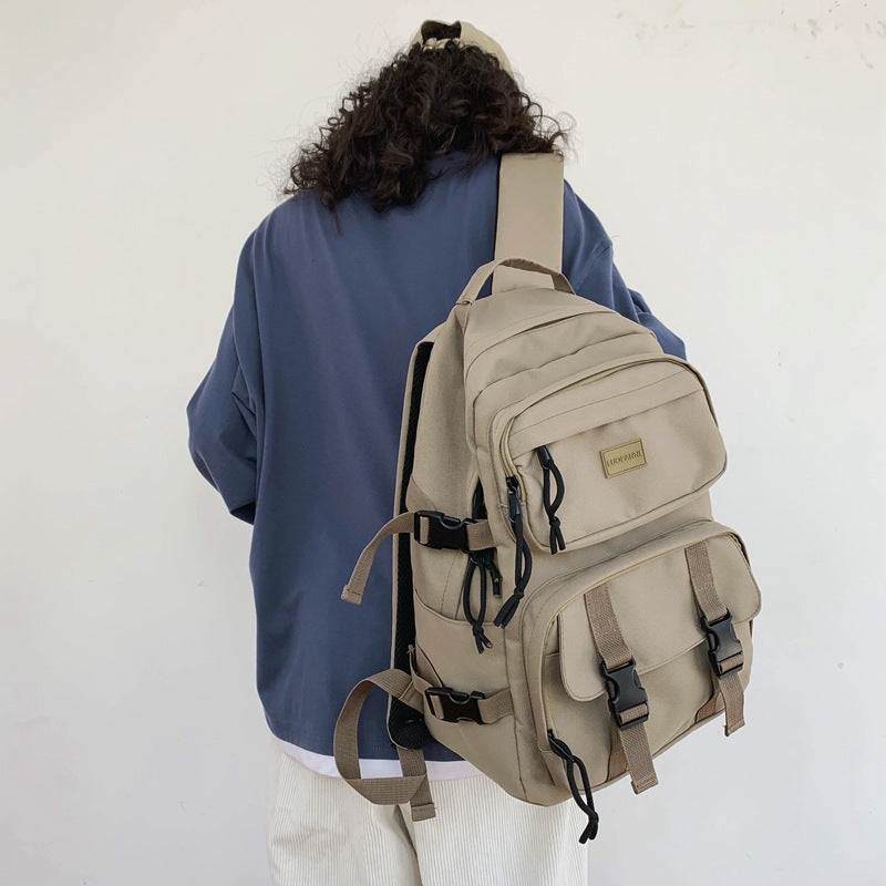 Korean-Style Large Capacity Backpack – 28% Off! Unisex Khaki Nylon School/Travel Bag with Laptop Pocket (20-35L)