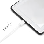 Car LED vanity mirror with a charging cable on a white background, displaying battery information.