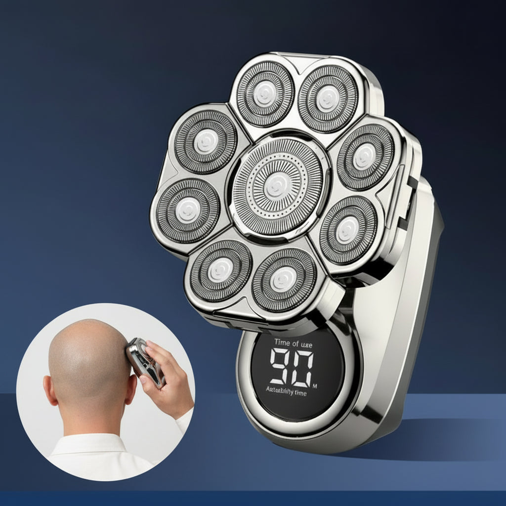 Electric shaver with multiple heads on a dark blue background.