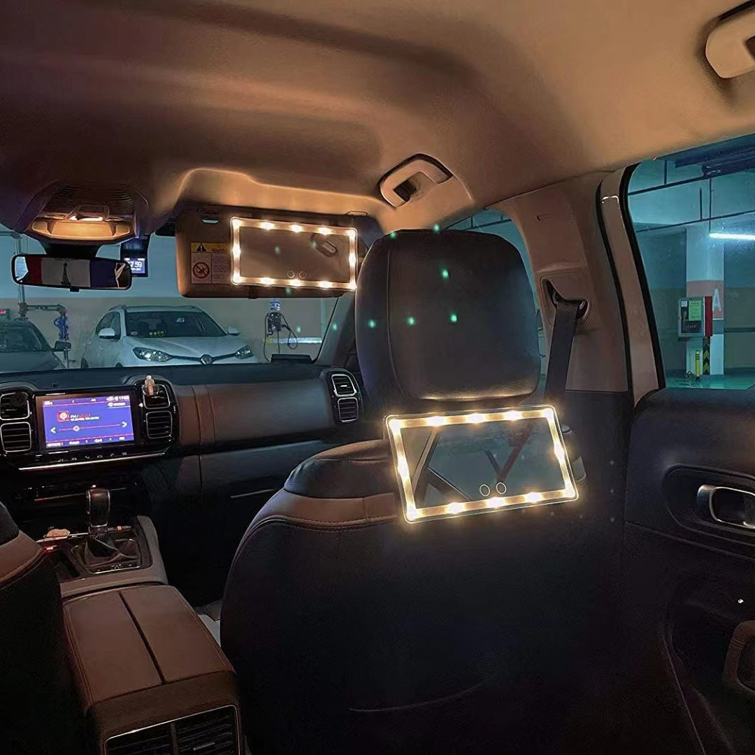 Car interior with a headrest cover illuminated by LED lights