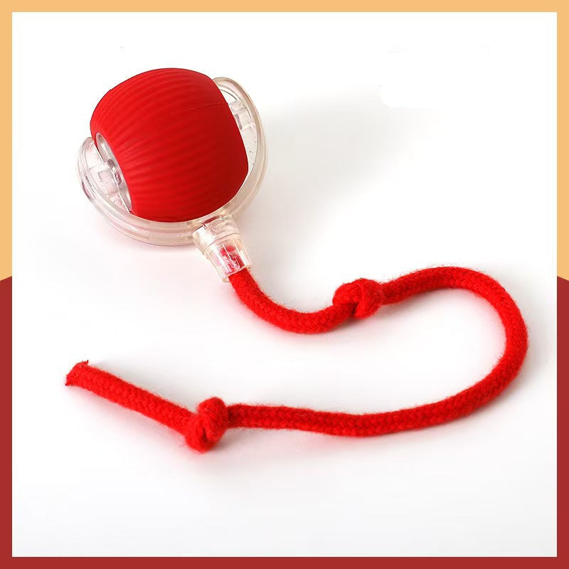 Red cat silicone ball toy with a red rope on a white background