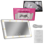 LED light mirror with packaging, power cable, and user manual on a white background