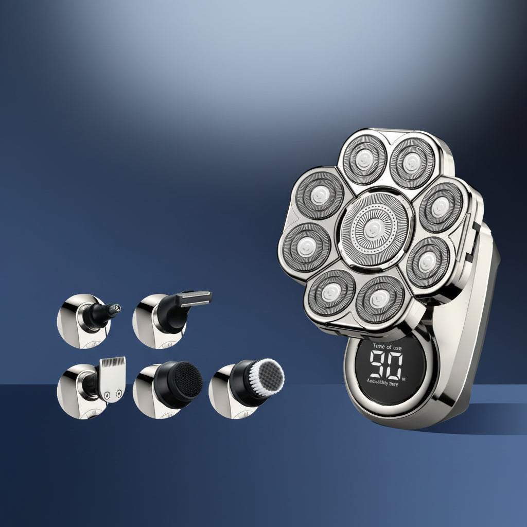 Electric shaver with multiple heads and charging cable on a blue background.