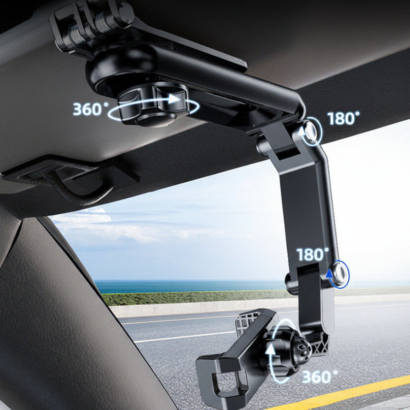 Car visor mount with 360-degree rotation feature inside a vehicle.